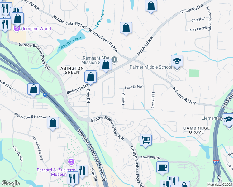 map of restaurants, bars, coffee shops, grocery stores, and more near 4164 Shiloh Ridge Trail in Kennesaw