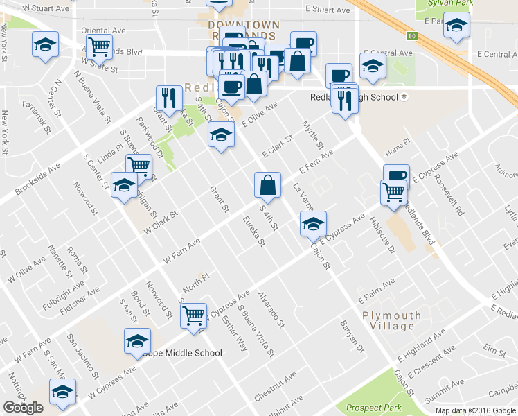 map of restaurants, bars, coffee shops, grocery stores, and more near 108 West Fern Avenue in Redlands