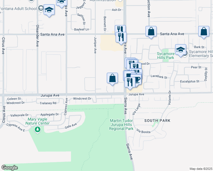 map of restaurants, bars, coffee shops, grocery stores, and more near 16798 Jurupa Avenue in Fontana