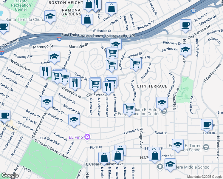 map of restaurants, bars, coffee shops, grocery stores, and more near 1120 North Ditman Avenue in Los Angeles