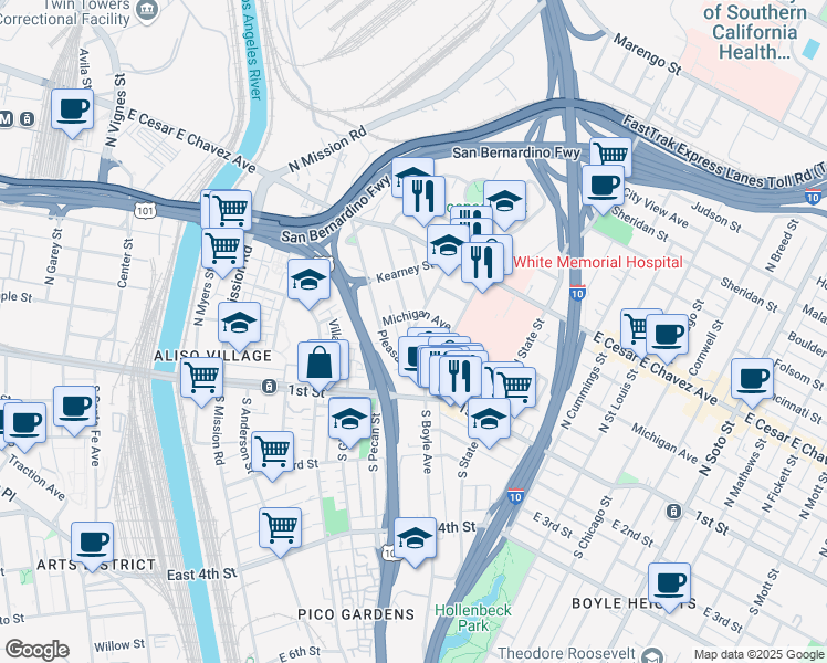 map of restaurants, bars, coffee shops, grocery stores, and more near 1515 Michigan Avenue in Los Angeles