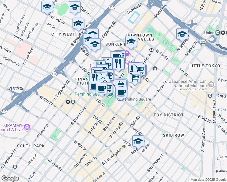 map of restaurants, bars, coffee shops, grocery stores, and more near 461 South Olive Street in Los Angeles