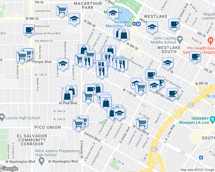 map of restaurants, bars, coffee shops, grocery stores, and more near 2100w West 11th Street in Los Angeles
