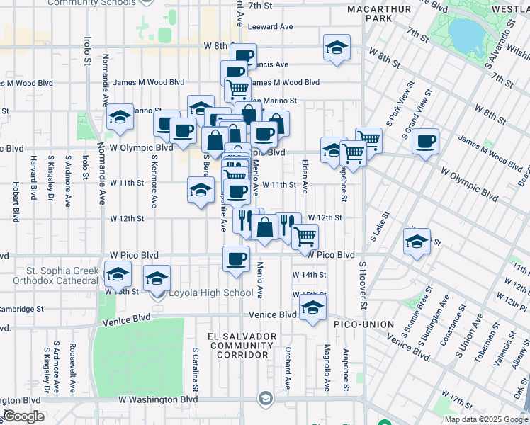 map of restaurants, bars, coffee shops, grocery stores, and more near 1118 1/2 Menlo Avenue in Los Angeles