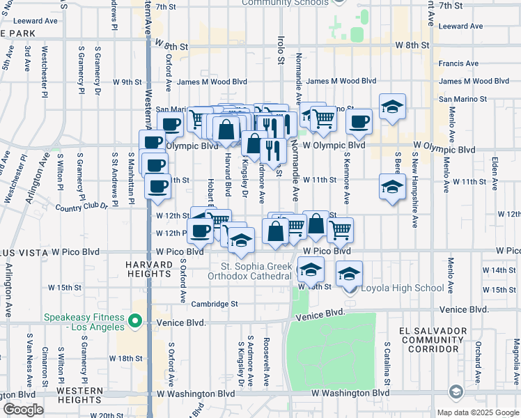 map of restaurants, bars, coffee shops, grocery stores, and more near 1128 South Ardmore Avenue in Los Angeles