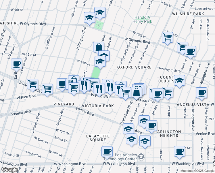 map of restaurants, bars, coffee shops, grocery stores, and more near 1230 South Lucerne Boulevard in Los Angeles