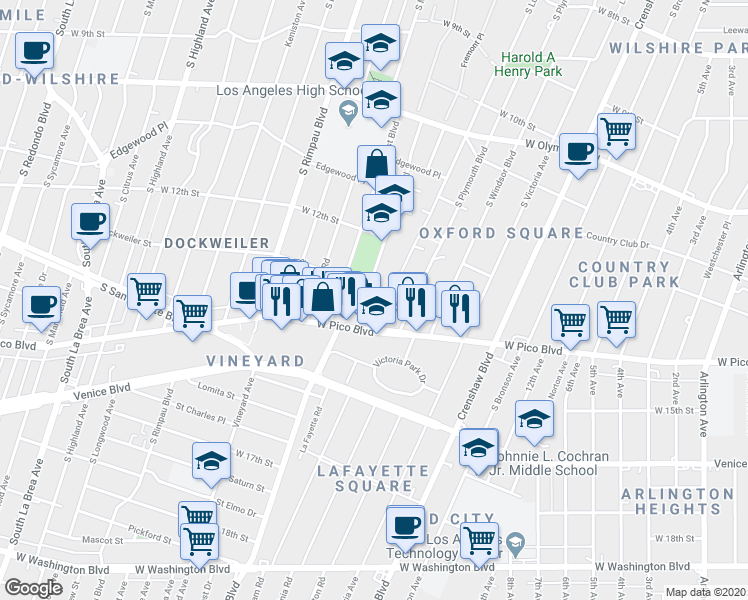 map of restaurants, bars, coffee shops, grocery stores, and more near 1258 Queen Anne Place in Los Angeles