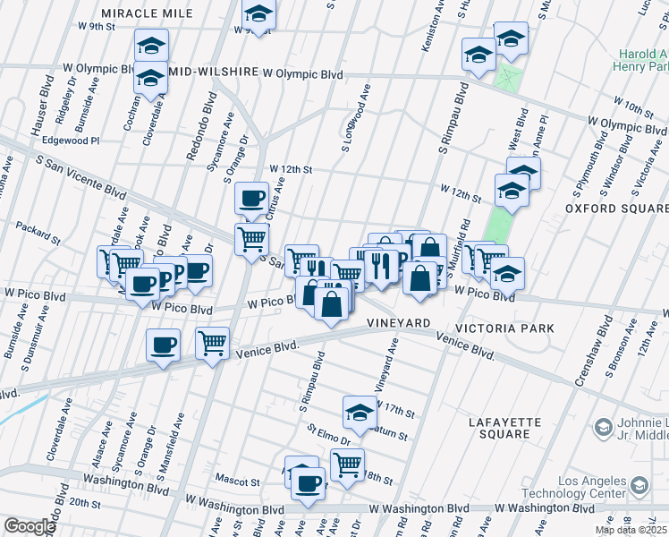 map of restaurants, bars, coffee shops, grocery stores, and more near 1343 Keniston Avenue in Los Angeles
