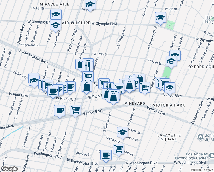 map of restaurants, bars, coffee shops, grocery stores, and more near 1344 South Longwood Avenue in Los Angeles