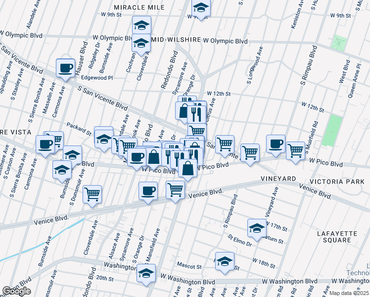 map of restaurants, bars, coffee shops, grocery stores, and more near 1315 South Mansfield Avenue in Los Angeles