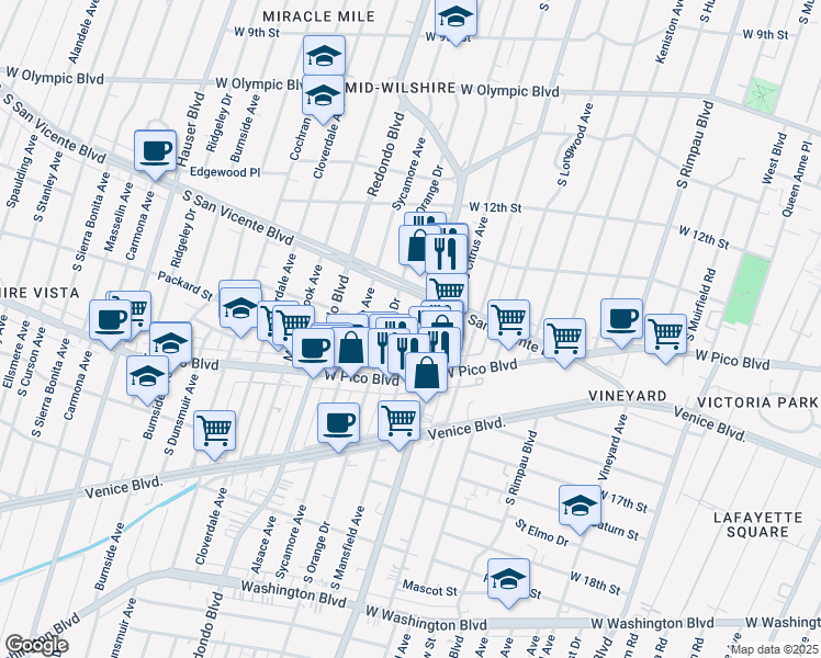 map of restaurants, bars, coffee shops, grocery stores, and more near 1315 South Mansfield Avenue in Los Angeles
