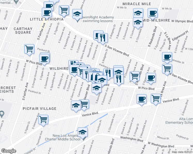 map of restaurants, bars, coffee shops, grocery stores, and more near 1340 Hauser Boulevard in Los Angeles