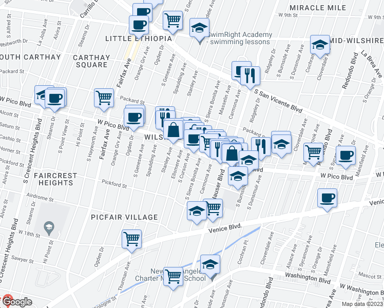 map of restaurants, bars, coffee shops, grocery stores, and more near 5555 West Pico Boulevard in Los Angeles