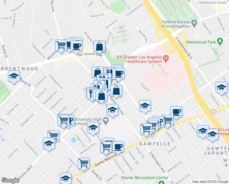 map of restaurants, bars, coffee shops, grocery stores, and more near 11620 Wilshire Boulevard in Los Angeles