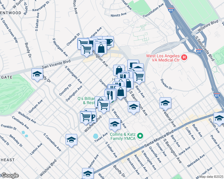 map of restaurants, bars, coffee shops, grocery stores, and more near 11717 Kiowa Avenue in Los Angeles