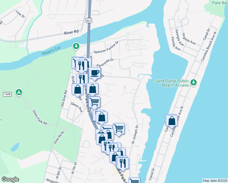 map of restaurants, bars, coffee shops, grocery stores, and more near 405 Jarrett Bay Drive in Carolina Beach