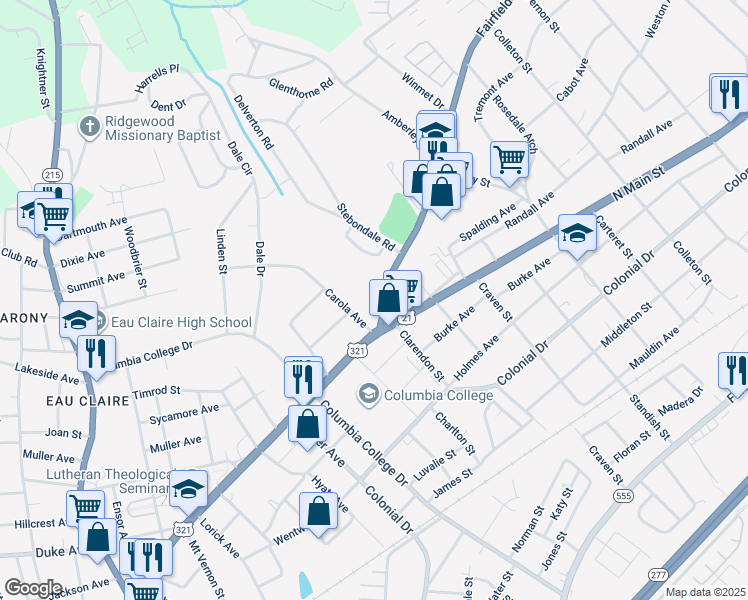 map of restaurants, bars, coffee shops, grocery stores, and more near 4916 Fairfield Road in Columbia