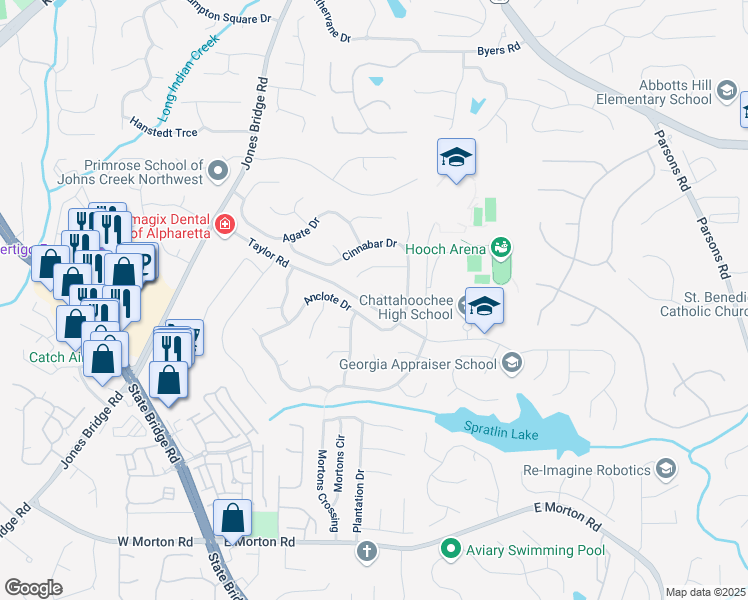 map of restaurants, bars, coffee shops, grocery stores, and more near 540 Shale Court in Alpharetta