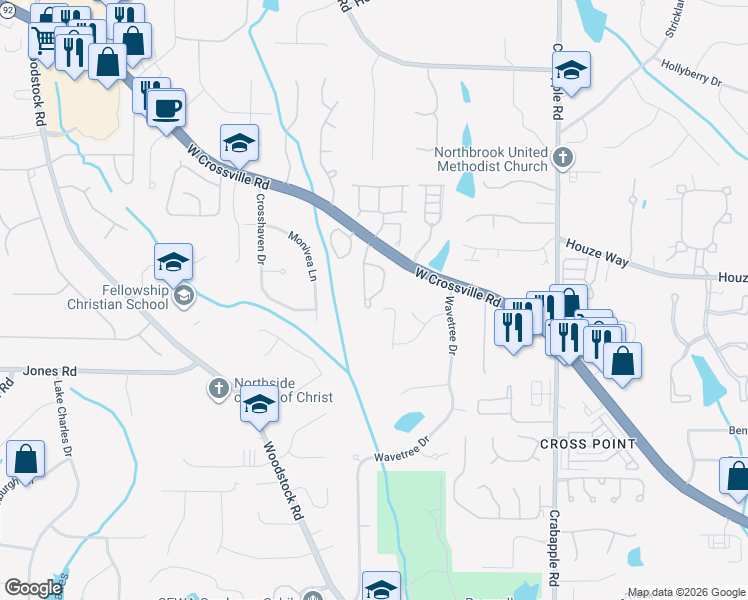 map of restaurants, bars, coffee shops, grocery stores, and more near 6060 Foxberry Lane in Roswell
