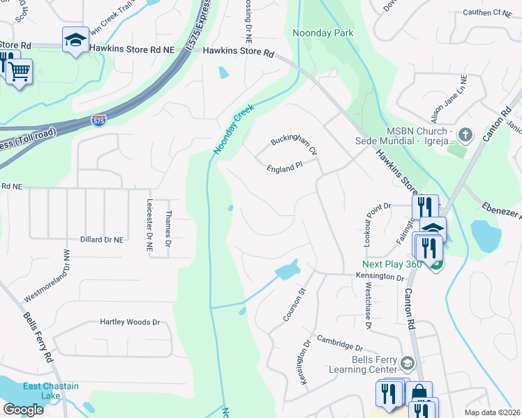 map of restaurants, bars, coffee shops, grocery stores, and more near 410 Buckingham Drive in Marietta