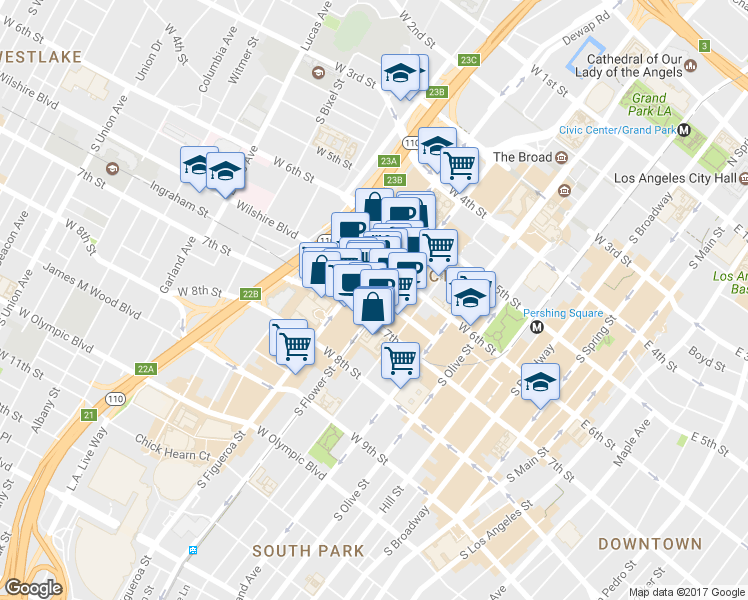 map of restaurants, bars, coffee shops, grocery stores, and more near 800 Wilshire Boulevard in Los Angeles