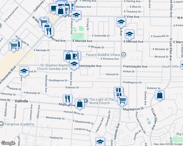 map of restaurants, bars, coffee shops, grocery stores, and more near 1421 South Pricedale Avenue in West Covina
