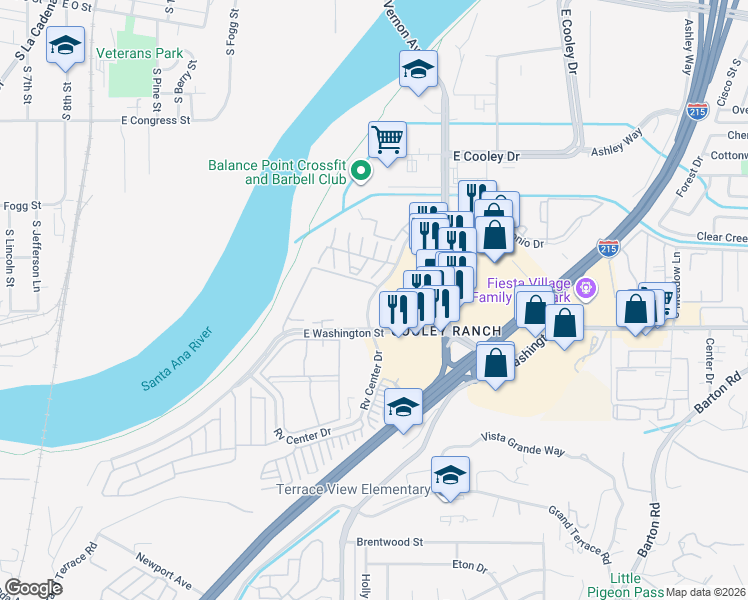 map of restaurants, bars, coffee shops, grocery stores, and more near 1160 East Santo Antonio Drive in Colton