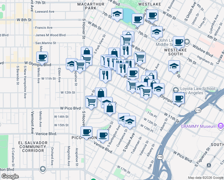 map of restaurants, bars, coffee shops, grocery stores, and more near 1117 South Westlake Avenue in Los Angeles