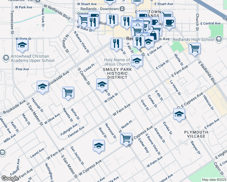 map of restaurants, bars, coffee shops, grocery stores, and more near 220 South Buena Vista Street in Redlands