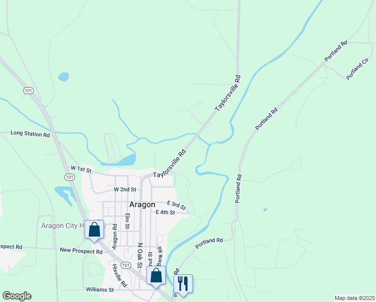 map of restaurants, bars, coffee shops, grocery stores, and more near 120 Taylorsville Road in Aragon