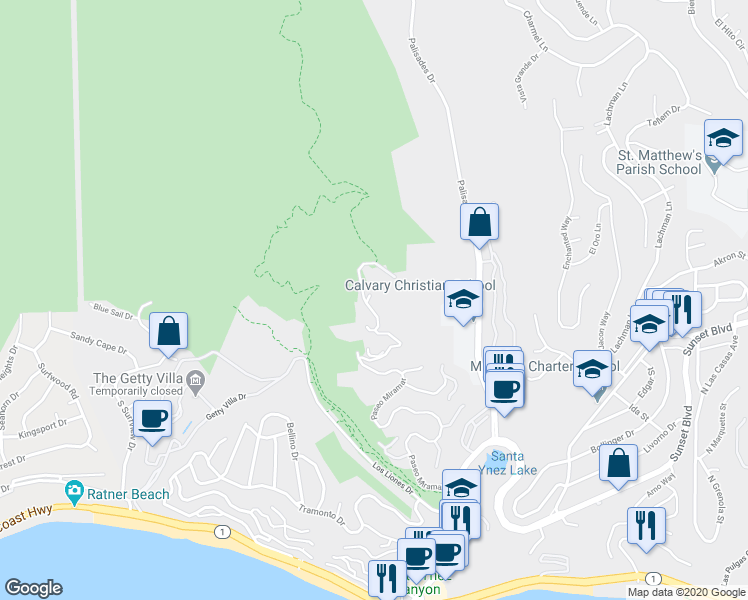 map of restaurants, bars, coffee shops, grocery stores, and more near 770 Paseo Miramar in Los Angeles