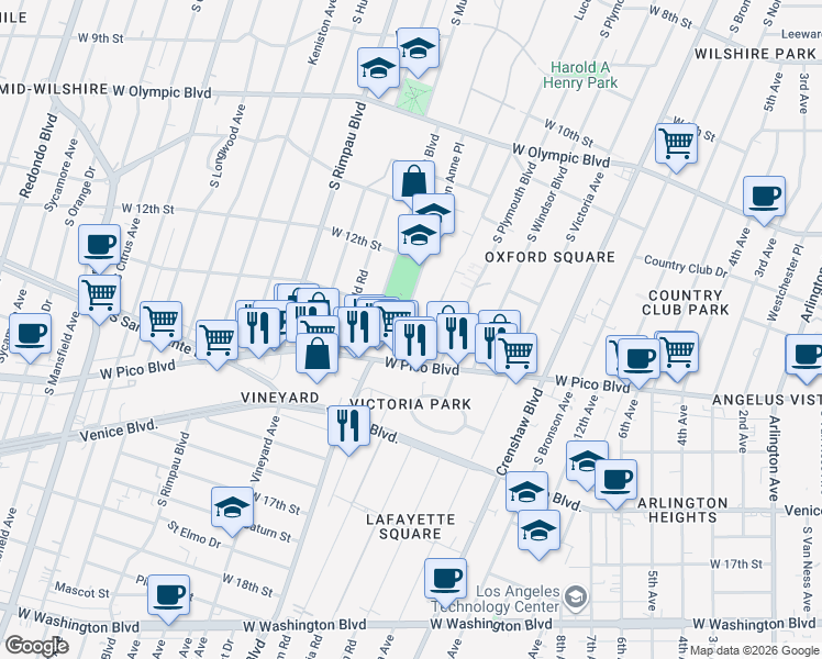 map of restaurants, bars, coffee shops, grocery stores, and more near 1268 Queen Anne Place in Los Angeles