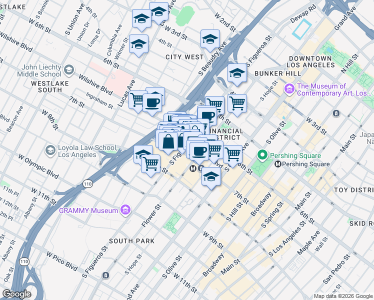 map of restaurants, bars, coffee shops, grocery stores, and more near 660 South Figueroa Street in Los Angeles