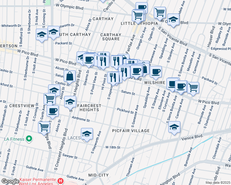 map of restaurants, bars, coffee shops, grocery stores, and more near 1509 South Fairfax Avenue in Los Angeles