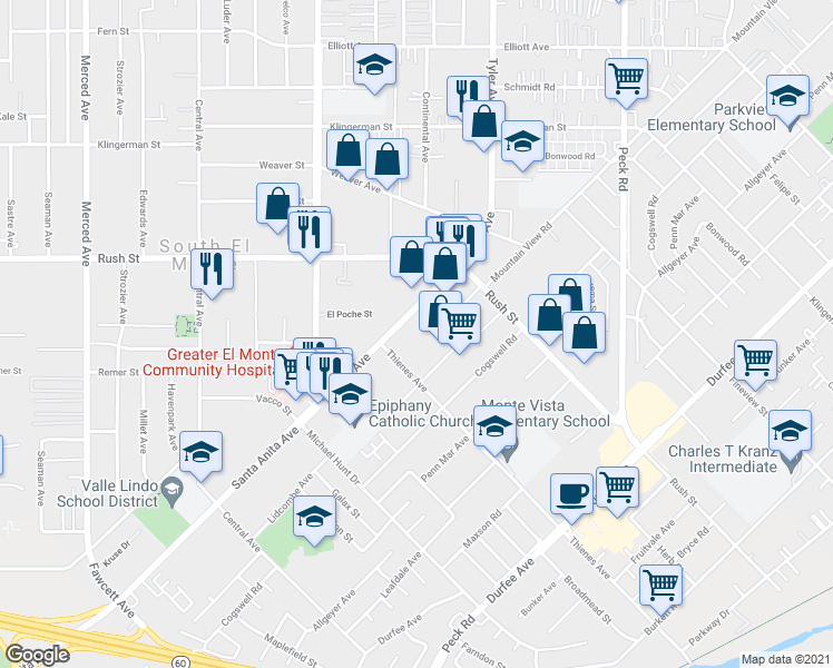 map of restaurants, bars, coffee shops, grocery stores, and more near 1860 Tyler Ave in South El Monte