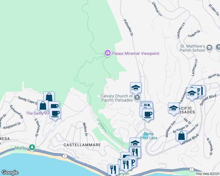 map of restaurants, bars, coffee shops, grocery stores, and more near 770 Paseo Miramar in Los Angeles