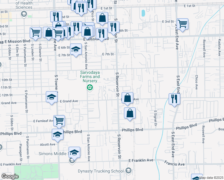 map of restaurants, bars, coffee shops, grocery stores, and more near 1165 South Reservoir Street in Pomona