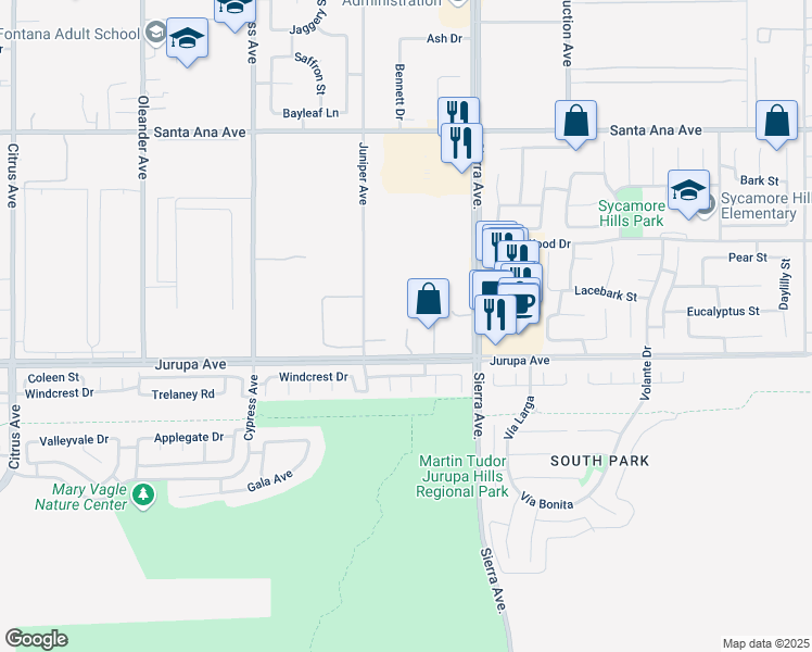 map of restaurants, bars, coffee shops, grocery stores, and more near 16774 Jurupa Avenue in Fontana
