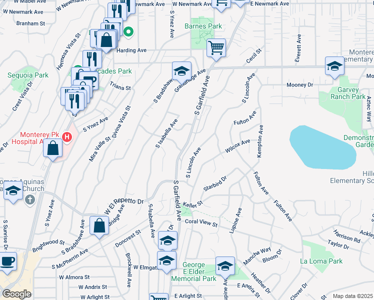 map of restaurants, bars, coffee shops, grocery stores, and more near 1064 Garfield Avenue South in Monterey Park