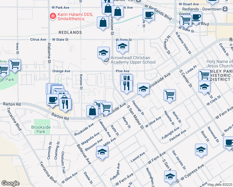 map of restaurants, bars, coffee shops, grocery stores, and more near 13 North San Mateo Street in Redlands