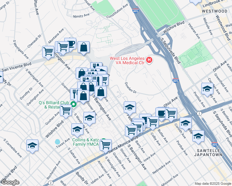 map of restaurants, bars, coffee shops, grocery stores, and more near 1250 Federal Avenue in Los Angeles