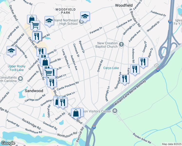 map of restaurants, bars, coffee shops, grocery stores, and more near 1710 Bywood Drive in Columbia