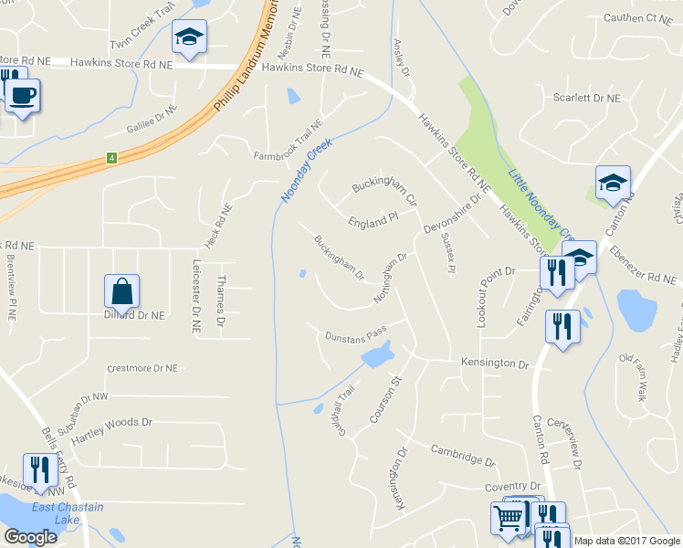 map of restaurants, bars, coffee shops, grocery stores, and more near 410 Buckingham Drive in Marietta