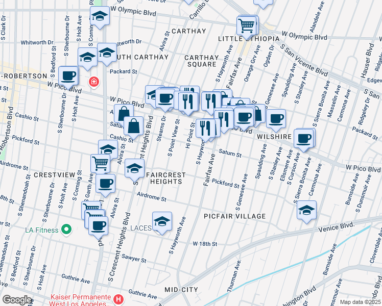 map of restaurants, bars, coffee shops, grocery stores, and more near 1516 Hi Point Street in Los Angeles