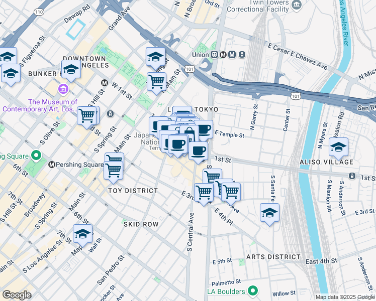 map of restaurants, bars, coffee shops, grocery stores, and more near 342 1/4 East 1st Street in Los Angeles