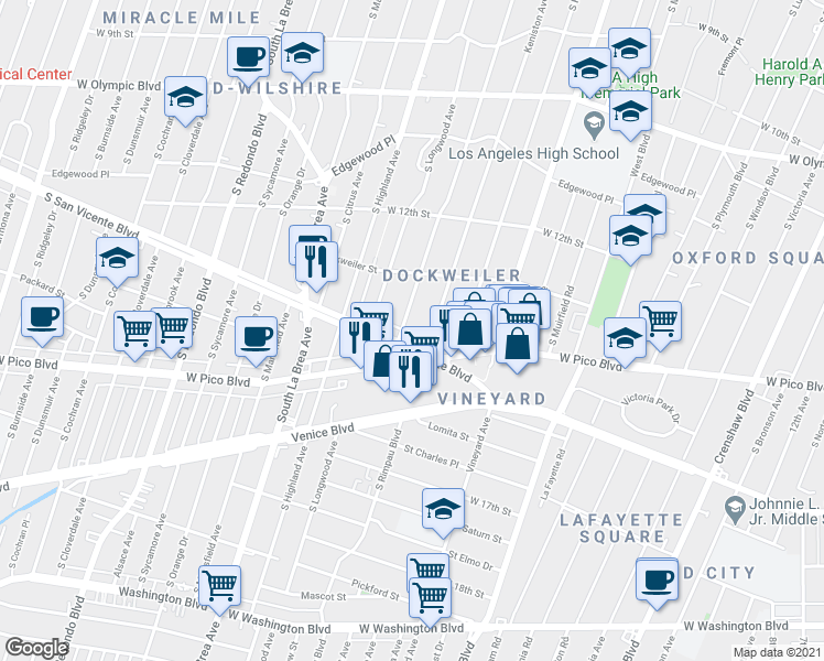 map of restaurants, bars, coffee shops, grocery stores, and more near 1343 Keniston Avenue in Los Angeles