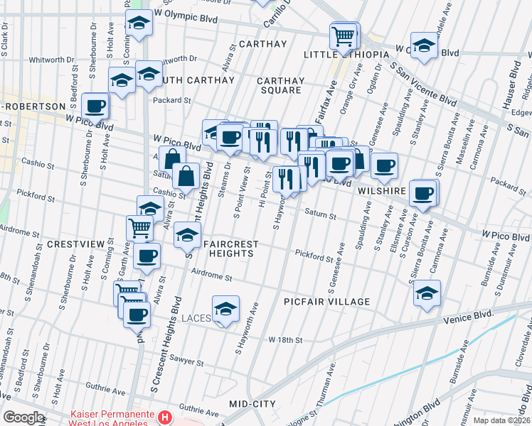 map of restaurants, bars, coffee shops, grocery stores, and more near 1516 Hi Point Street in Los Angeles