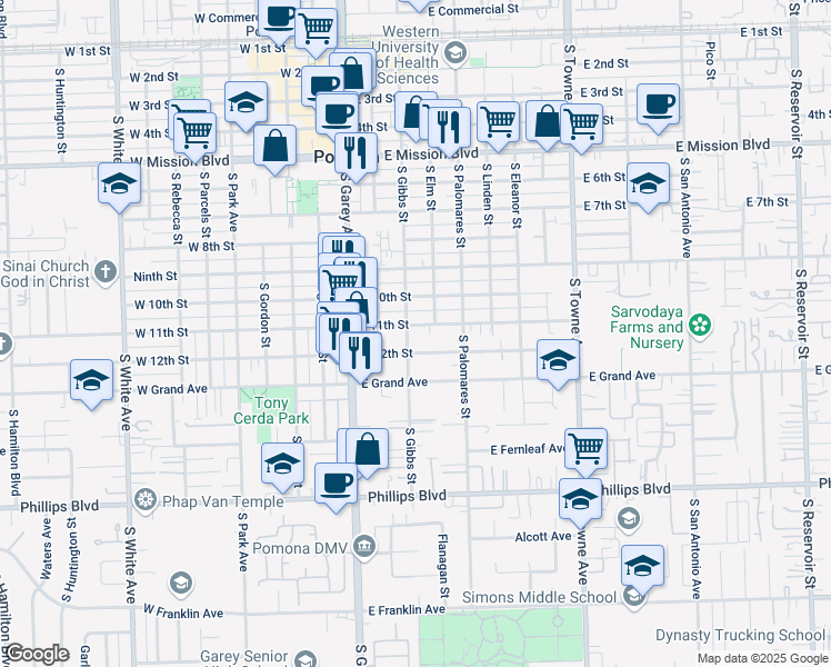 map of restaurants, bars, coffee shops, grocery stores, and more near 318 East 11th Street in Pomona