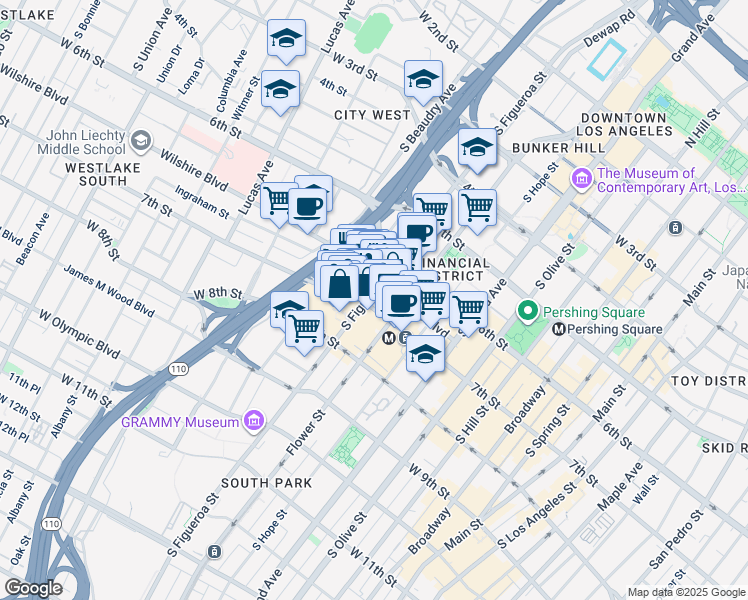 map of restaurants, bars, coffee shops, grocery stores, and more near 601 South Figueroa Street in Los Angeles