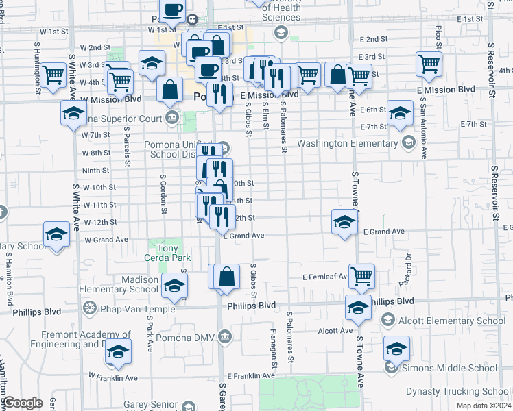 map of restaurants, bars, coffee shops, grocery stores, and more near 318 East 11th Street in Pomona